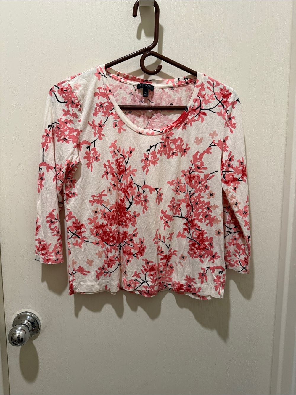 Talbots White Long Sleeve Floral Tee with Pink Blossoms